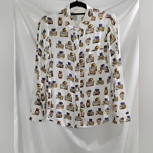 LC Lizette Collection White Long-Sleeve Button Down Blouse Perfume Print Size S